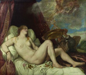 Danaë, painted by Titian, is one of five similar paintings by the artist that depicts Zeus appearing to the mythological princess Danaë as a shower of gold.