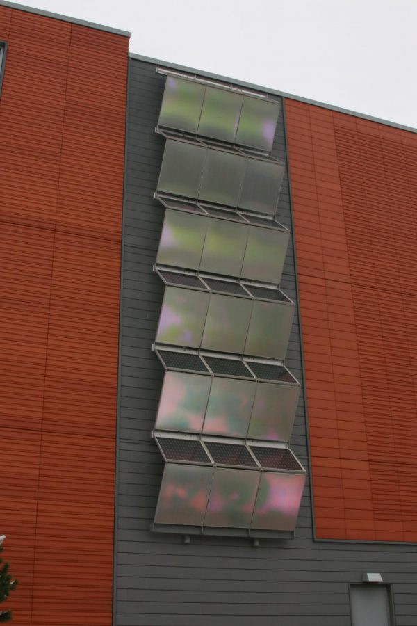 The solar panels on the Anderson Center showing how Hamline is trying to be sustainable